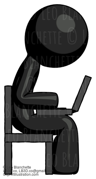 Black Design Mascot Man Using Laptop Computer While Sitting In Chair View From Side #10451