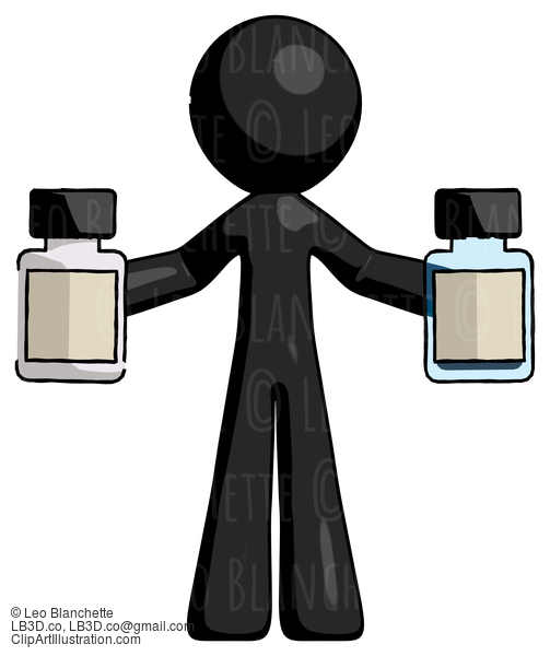 Black Design Mascot Man Holding Two Medicine Bottles #10452