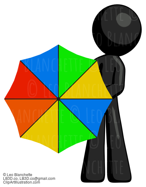 Black Design Mascot Man Holding Rainbow Umbrella Out To Viewer #10456