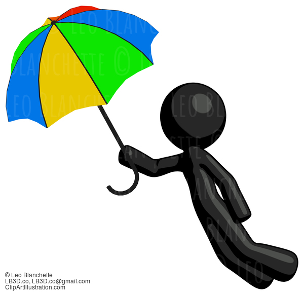 Black Design Mascot Man Flying With Rainbow Colored Umbrella #10458