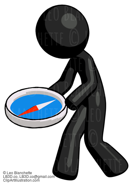 Black Design Mascot Man Walking With Large Compass #10460