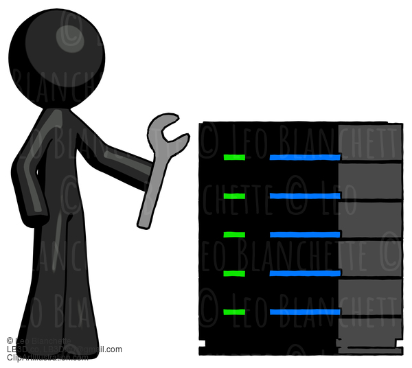 Black Design Mascot Man Server Administrator Doing Repairs #10464