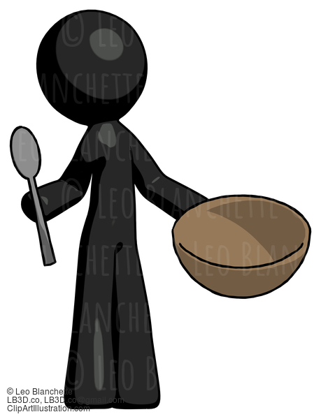 Black Design Mascot Man With Empty Bowl And Spoon Ready To Make Something #10468