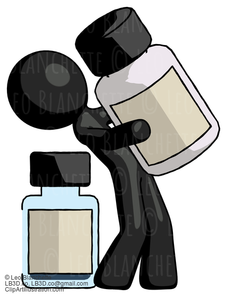 Black Design Mascot Man Holding Large White Medicine Bottle With Bottle In Background #10469