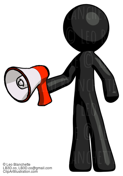 Black Design Mascot Man Holding Megaphone Bullhorn Facing Right #10470