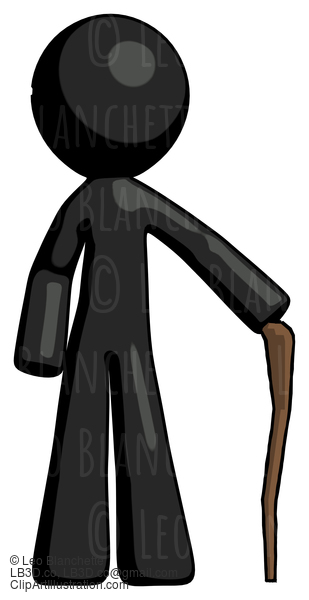 Black Design Mascot Man Standing With Hiking Stick #10475