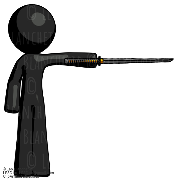 Black Design Mascot Man Standing With Ninja Sword Katana Pointing Right #10476