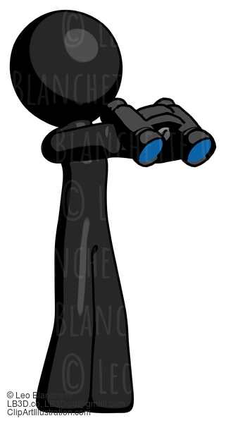 Black Design Mascot Man Holding Binoculars Ready To Look Right #10480