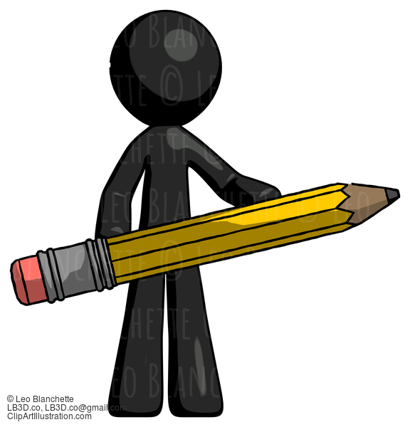 Black Design Mascot Man Writer Or Blogger Holding Large Pencil #10481