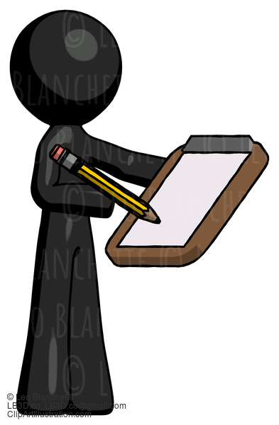 Black Design Mascot Man Using Clipboard And Pencil #10484