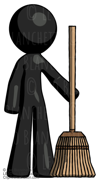 Black Design Mascot Man Standing With Broom Cleaning Services #10485