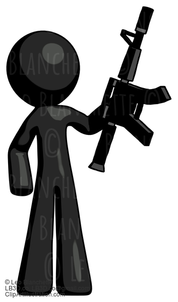 Black Design Mascot Man Holding Automatic Gun #10486