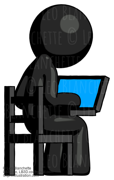 Black Design Mascot Man Using Laptop Computer While Sitting In Chair View From Back #10488
