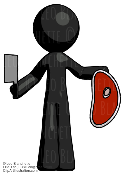 Black Design Mascot Man Holding Large Steak With Butcher Knife #10489