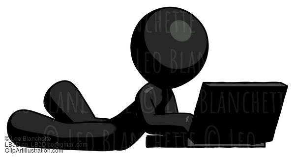 Black Design Mascot Man Using Laptop Computer While Lying On Floor Side Angled View #10493