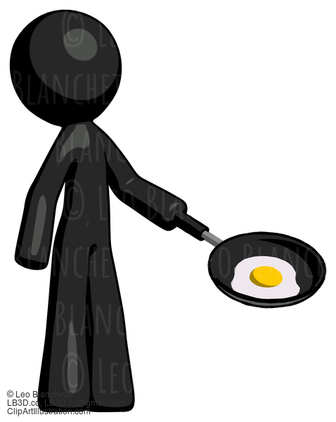 Black Design Mascot Man Frying Egg In Pan Or Wok Facing Right #10496