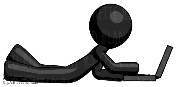 Black Design Mascot Man Using Laptop Computer While Lying On Floor Side View #10498
