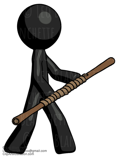 Black Design Mascot Man Holding Bo Staff In Sideways Defense Pose #10502