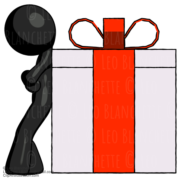 Black Design Mascot Man Gift Concept - Leaning Against Large Present #10505