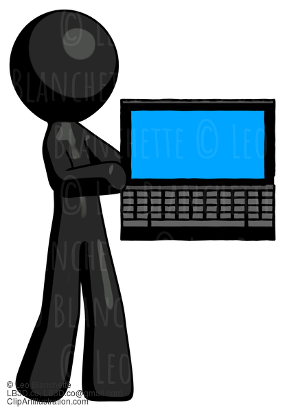 Black Design Mascot Man Holding Laptop Computer Presenting Something On Screen #10508