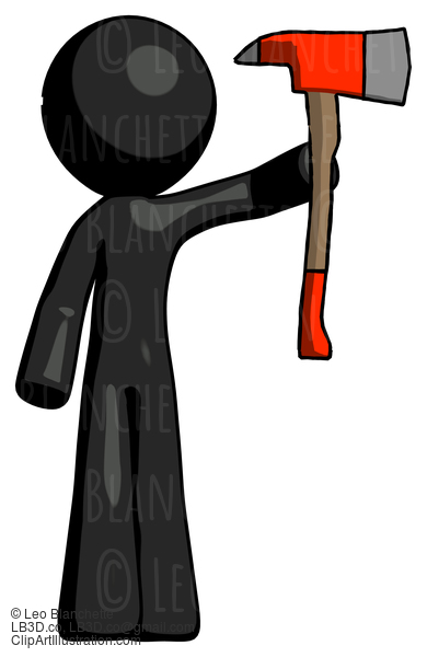 Black Design Mascot Man Holding Up Red Firefighter’S Ax #10510