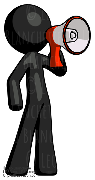 Black Design Mascot Man Shouting Into Megaphone Bullhorn Facing Right #10514