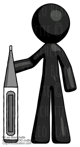 Black Design Mascot Man Standing With Large Thermometer #10518