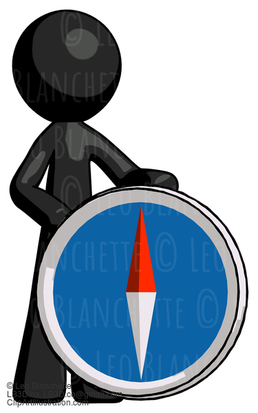 Black Design Mascot Man Standing Beside Large Compass #10519