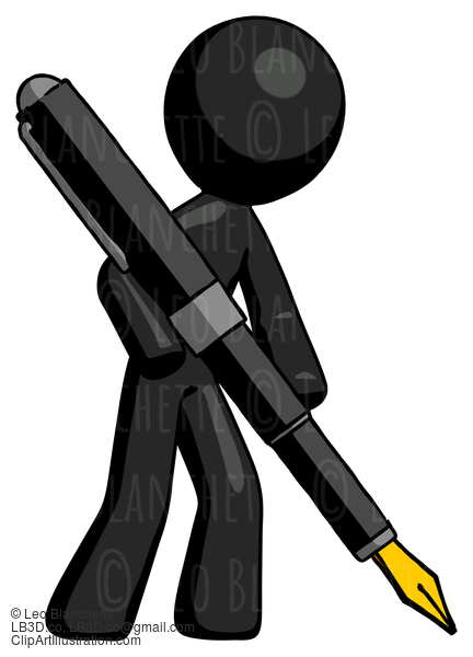 Black Design Mascot Man Drawing Or Writing With Large Calligraphy Pen #10521