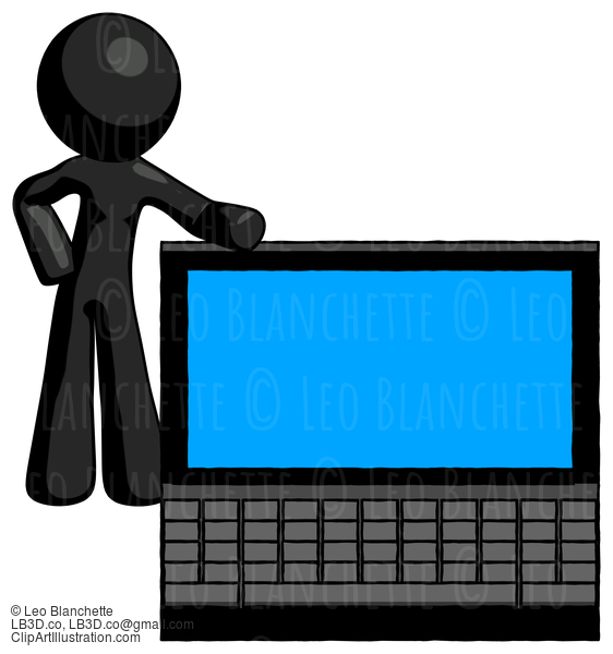 Black Design Mascot Man Beside Large Laptop Computer, Leaning Against It #10525