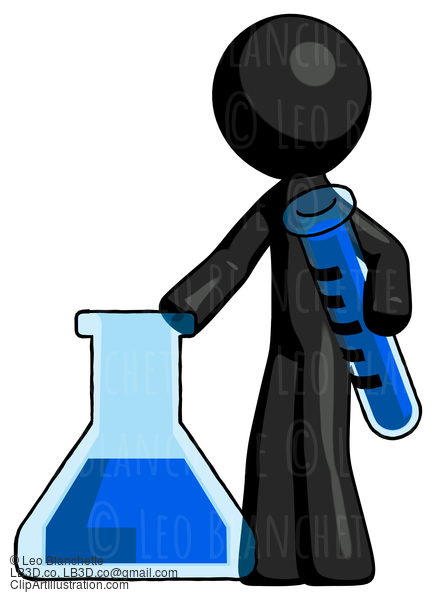 Black Design Mascot Man Holding Test Tube Beside Beaker Or Flask #10532