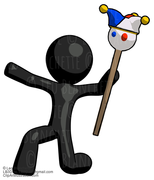 Black Design Mascot Man Holding Jester Staff Posing Charismatically #10536