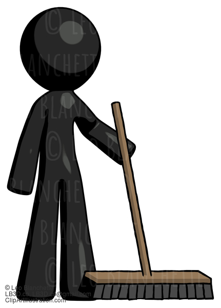Black Design Mascot Man Standing With Industrial Broom #10539