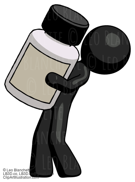 Black Design Mascot Man Holding Large White Medicine Bottle #10542