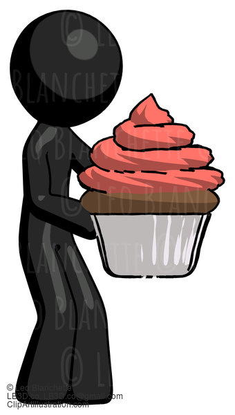 Black Design Mascot Man Holding Large Cupcake Ready To Eat Or Serve #10545