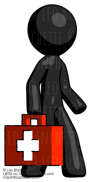 Black Design Mascot Man Walking With Medical Aid Briefcase To Right #10546