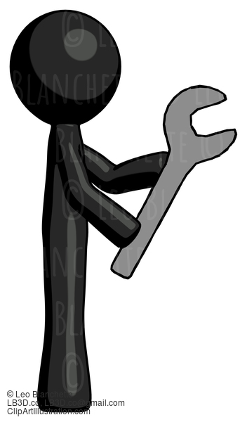 Black Design Mascot Man Using Wrench Adjusting Something To Right #10548