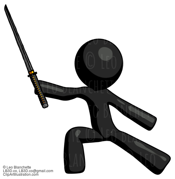 Black Design Mascot Man With Ninja Sword Katana In Defense Pose #10557