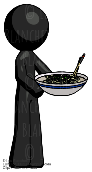 Black Design Mascot Man Holding Noodles Offering To Viewer #10558