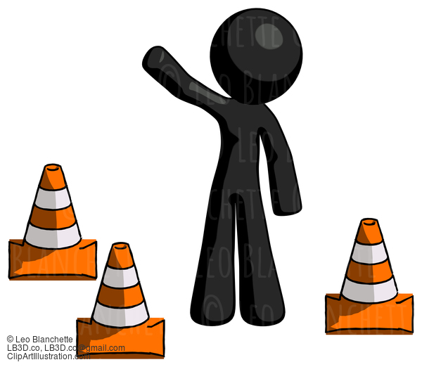 Black Design Mascot Man Standing By Traffic Cones Waving #10565