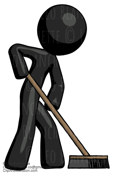 Black Design Mascot Man Cleaning Services Janitor Sweeping Side View #10572