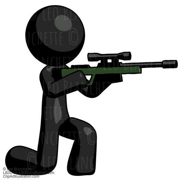 Black Design Mascot Man Kneeling Shooting Sniper Rifle #10574