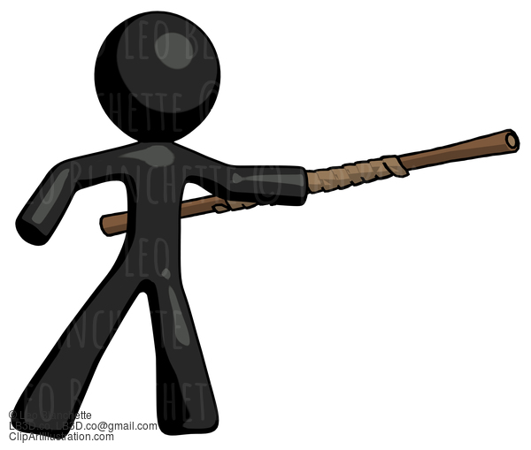 Black Design Mascot Man Bo Staff Pointing Right Kung Fu Pose #10576