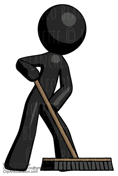 Black Design Mascot Man Cleaning Services Janitor Sweeping Floor With Push Broom #10579