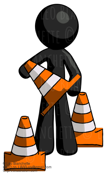 Black Design Mascot Man Holding A Traffic Cone #10582