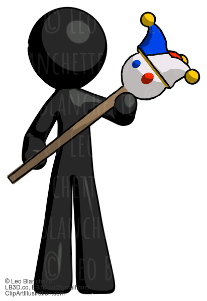 Black Design Mascot Man Holding Jester Diagonally #10583