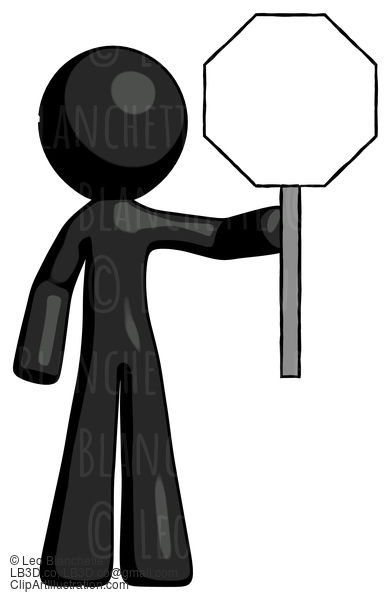 Black Design Mascot Man Holding Stop Sign #10589