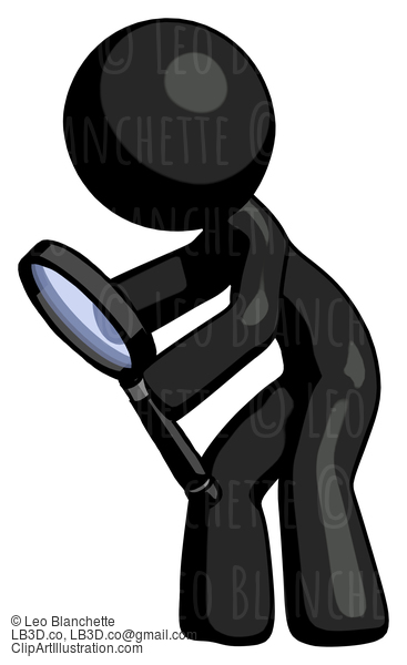 Black Design Mascot Man Inspecting With Large Magnifying Glass Left #10593