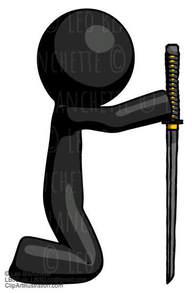 Black Design Mascot Man Kneeling With Ninja Sword Katana Showing Respect #10594