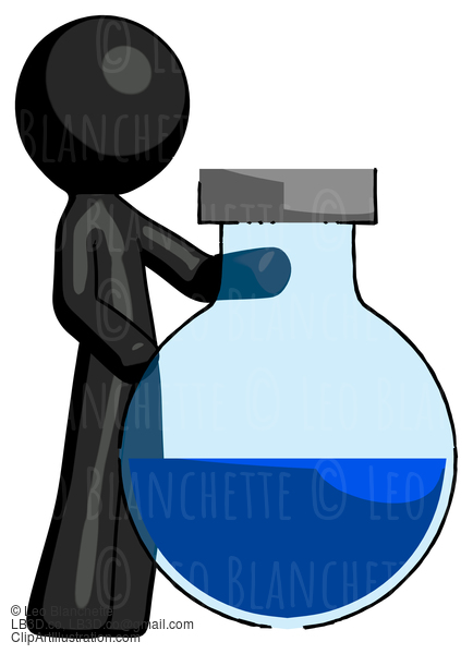 Black Design Mascot Man Standing Beside Large Round Flask Or Beaker #10597